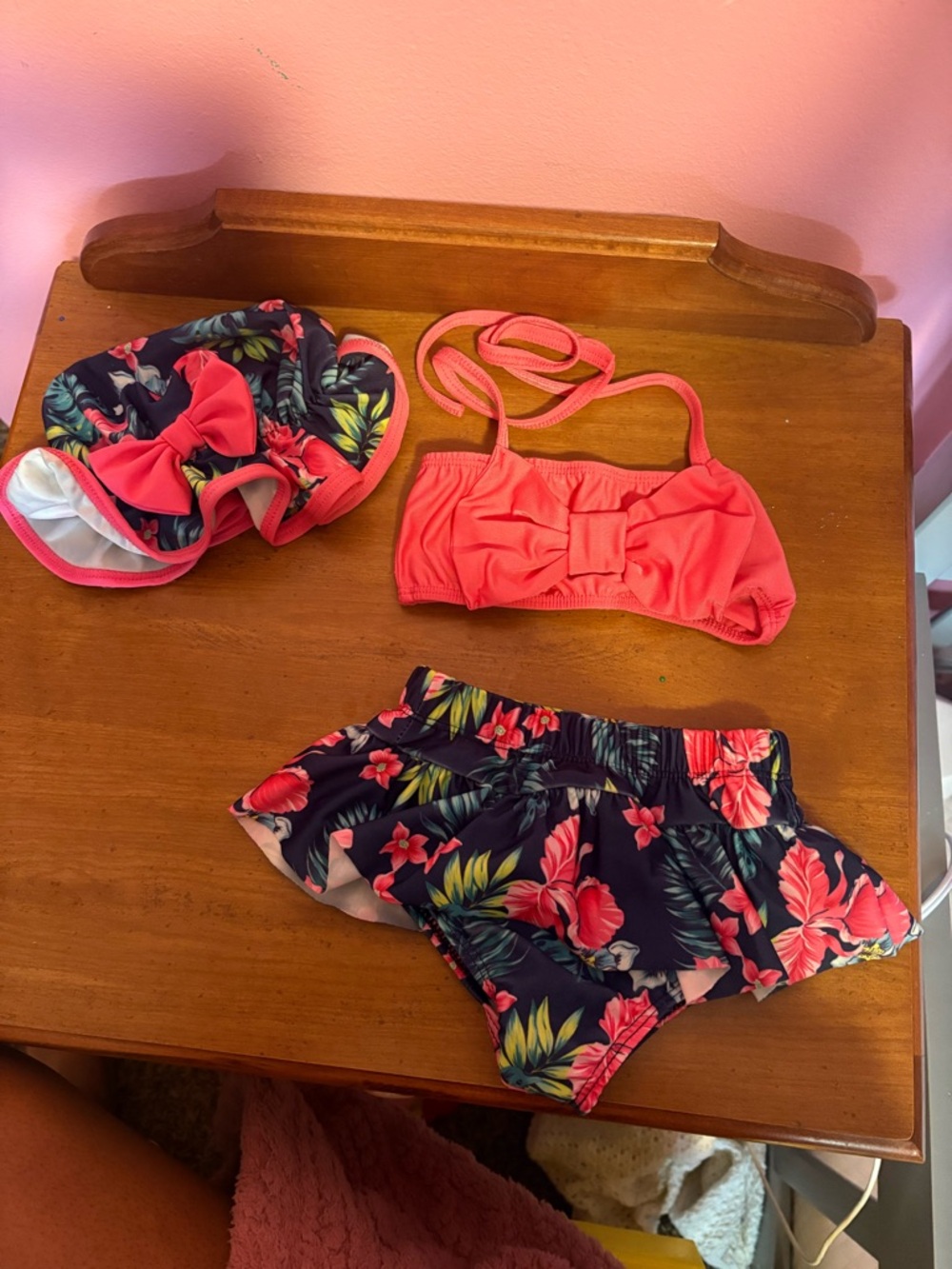 Kids 3-Piece Floral Coral Swim Set - Bow Bikini Top, Ruffle Bottom & Sun Hat